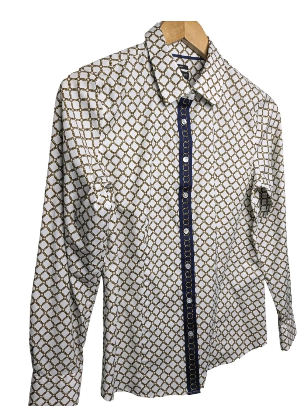 Talbots Non Iron Geometric Chain Print Button-Down Shirt Navy Placket - Picture 5 of 8